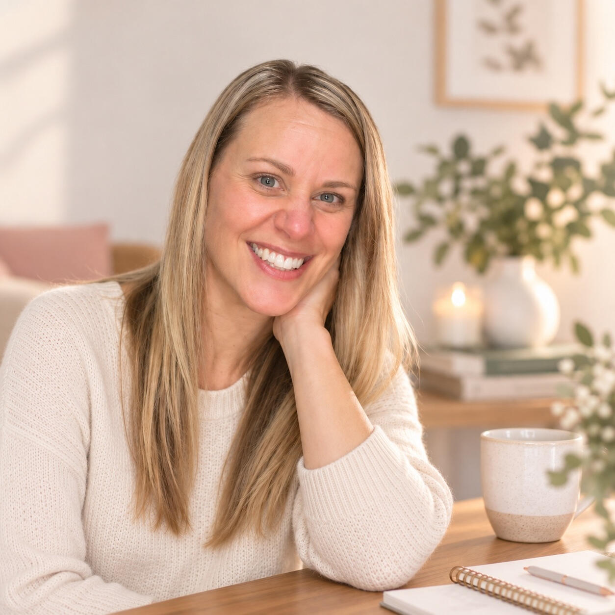 Christian author Rebecca Demers Rebecca Demers smiling in a cozy home setting